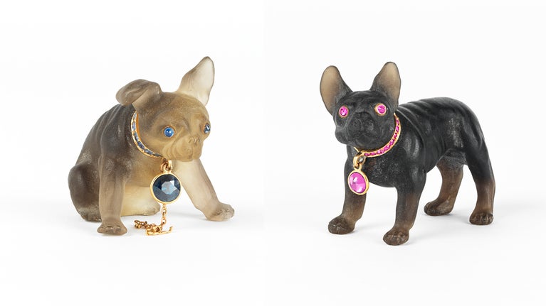 French bulldog, frosted quartz with ruby and sapphire eyes and dog tags, c.1925. Possibly by Cartier